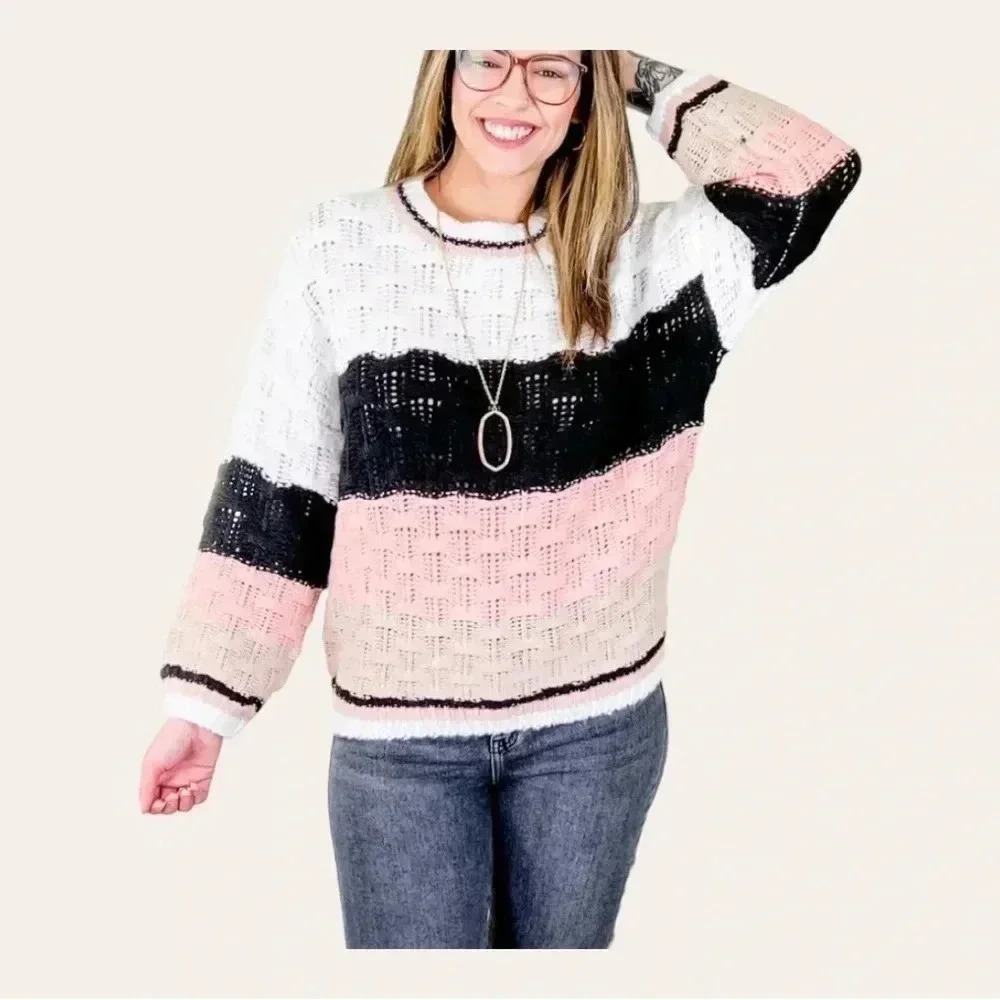1221. BIBI TEXTURED SWEATER SIZE X-LARGE PINK/BLACK/TAN/WHITE IN COLOR BALLOON - Picture 2 of 13